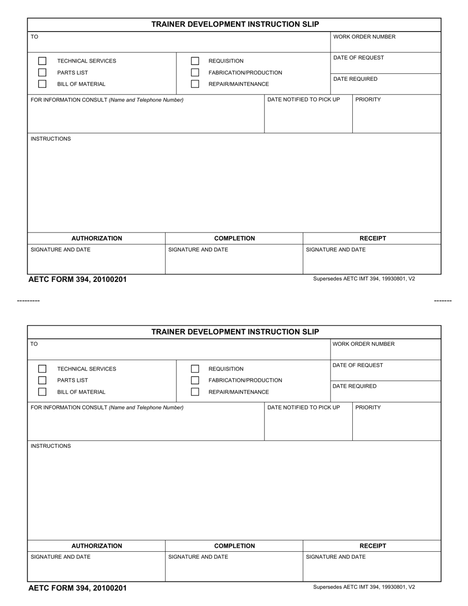 AETC Form 394 Trainer Development Instruction Slip, Page 1