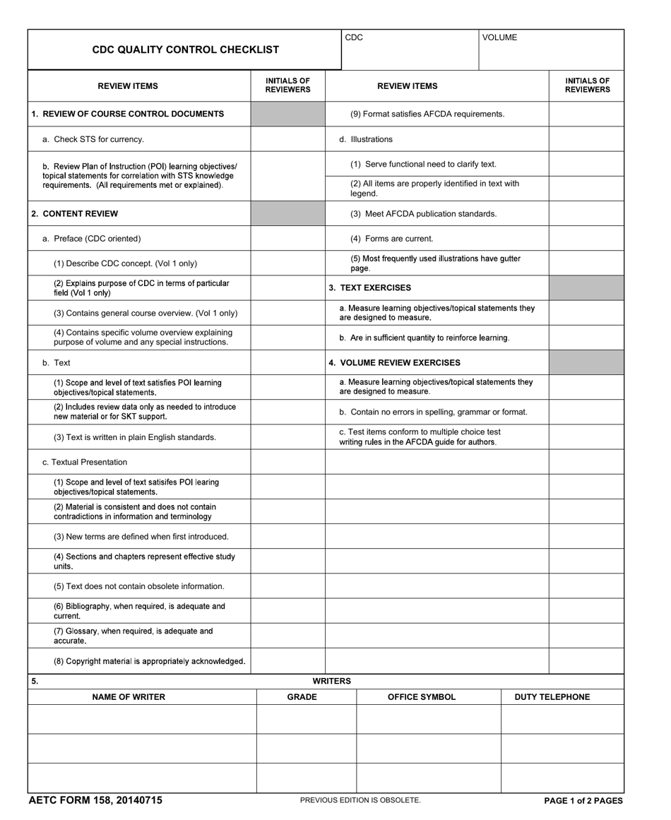 AETC Form 158 CDC Quality Control Checklist, Page 1