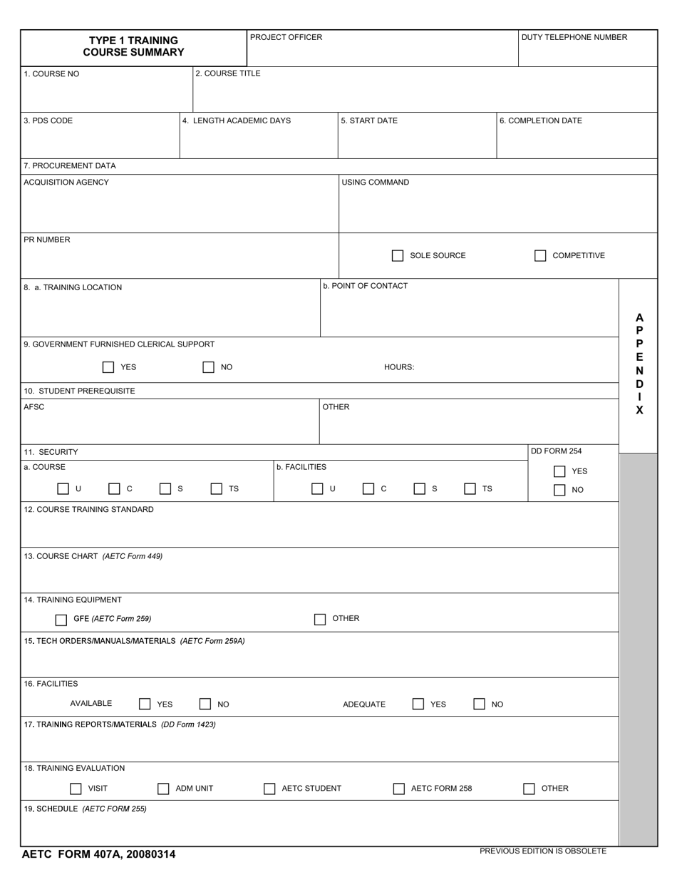 AETC Form 407A Type I Training Course Summary, Page 1