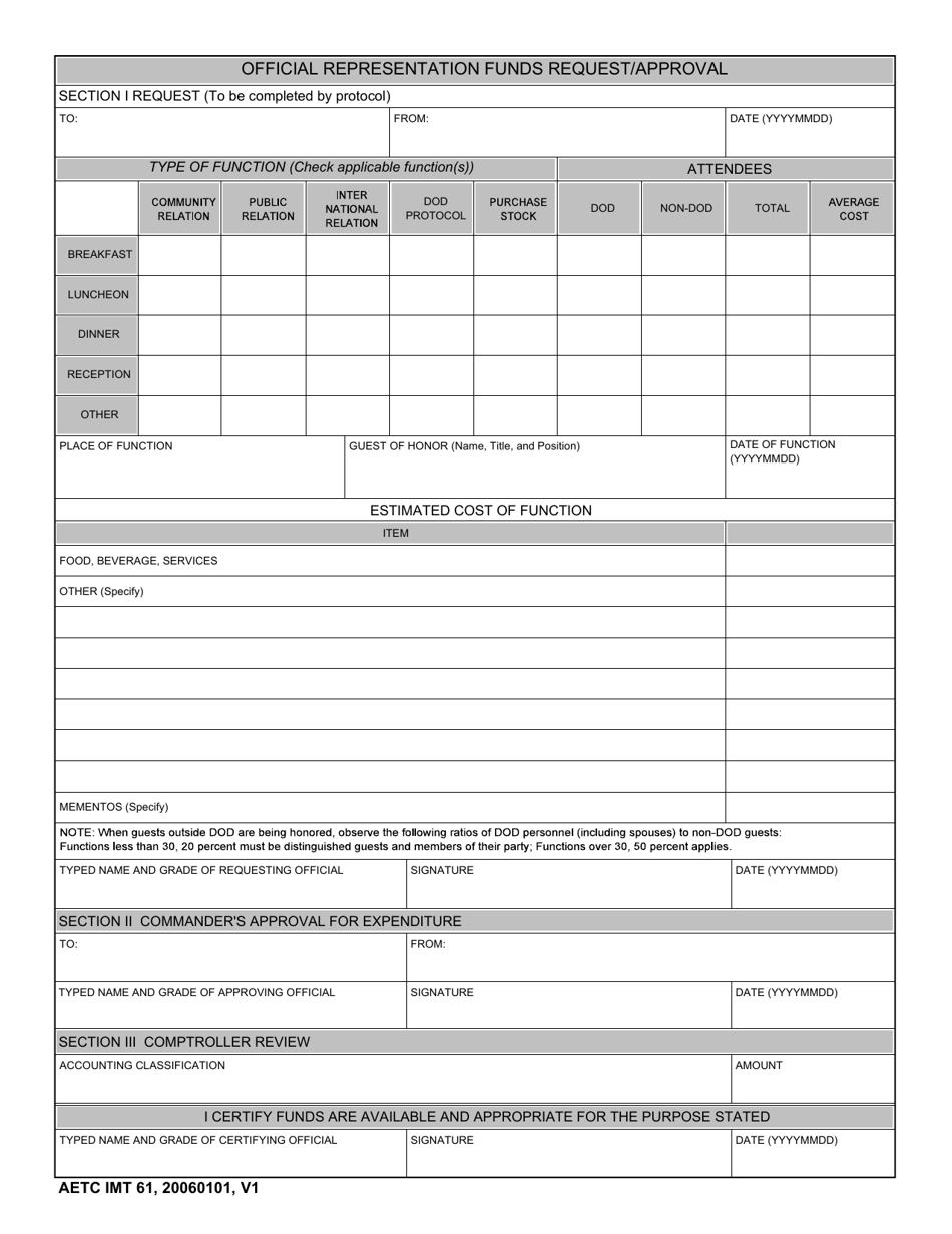 AETC Form 61 Official Representation Funds Request / Approval, Page 1