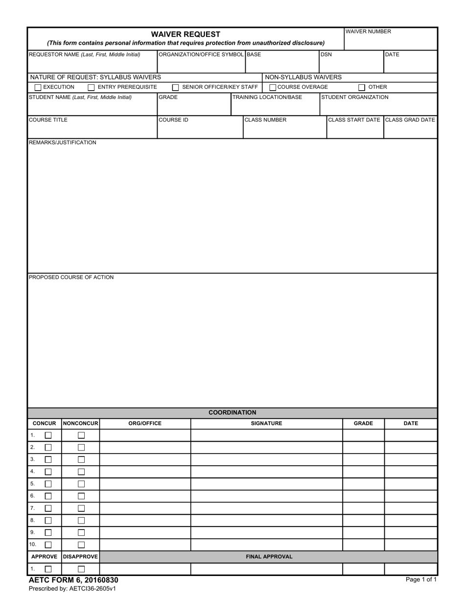 AETC Form 6 Waiver Request, Page 1