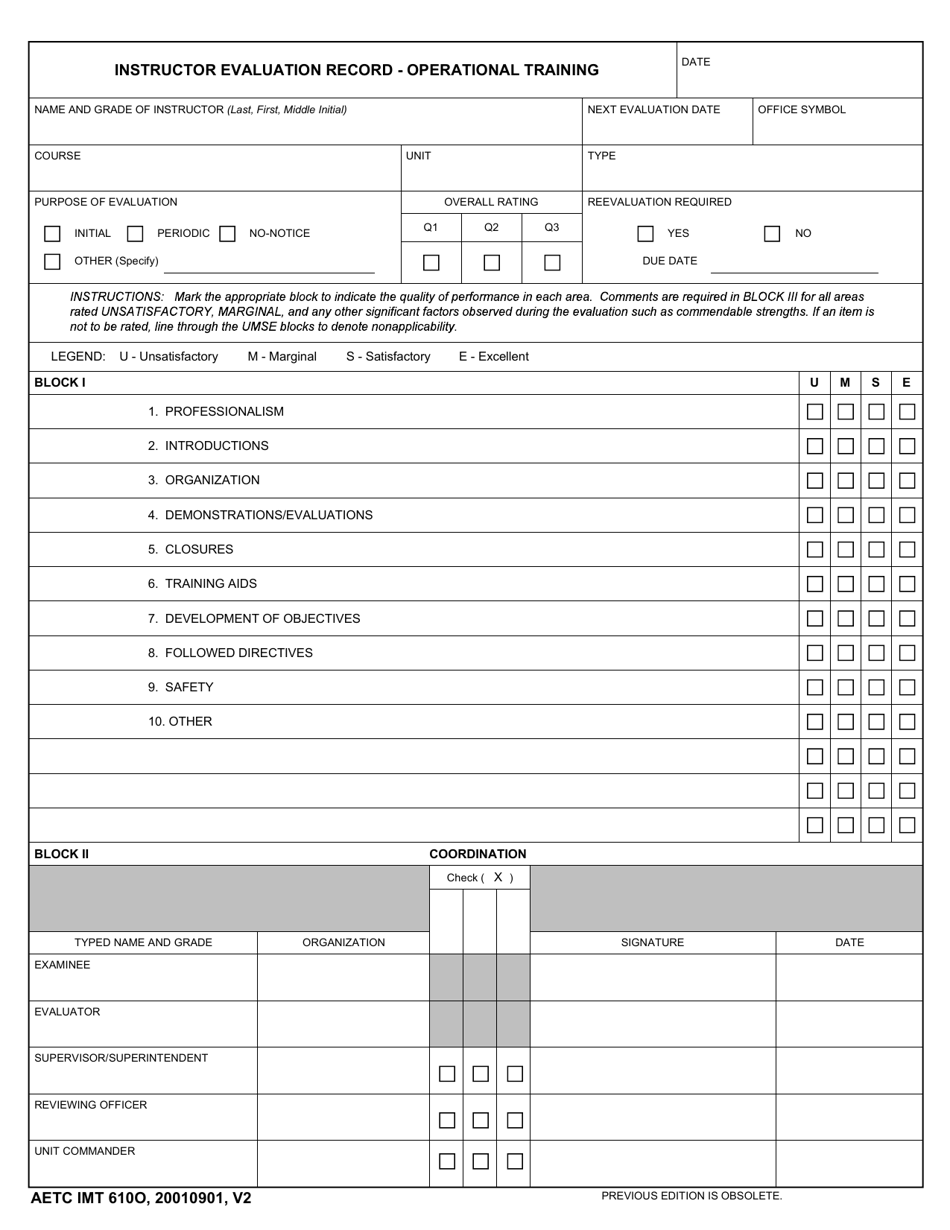 AETC Form 610O Instructor Evaluation Record - Operational Training, Page 1