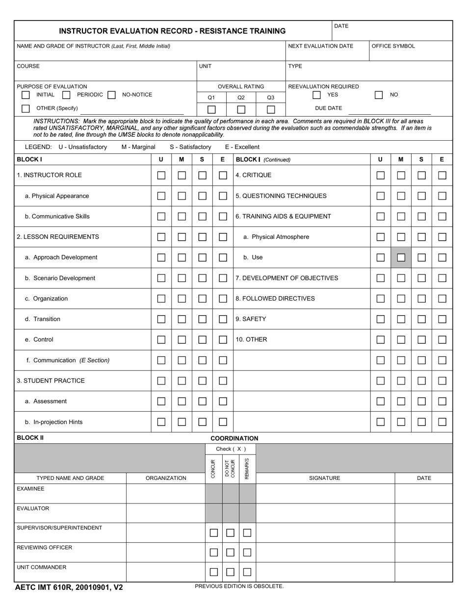 AETC Form 610R Instructor Evaluation Record - Resistance Training (336 Trg Only), Page 1