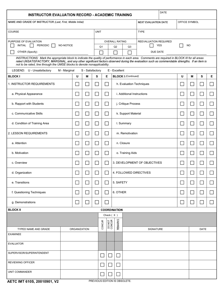 AETC Form 610S Instructor Evaluation Record - Academic Training, Page 1
