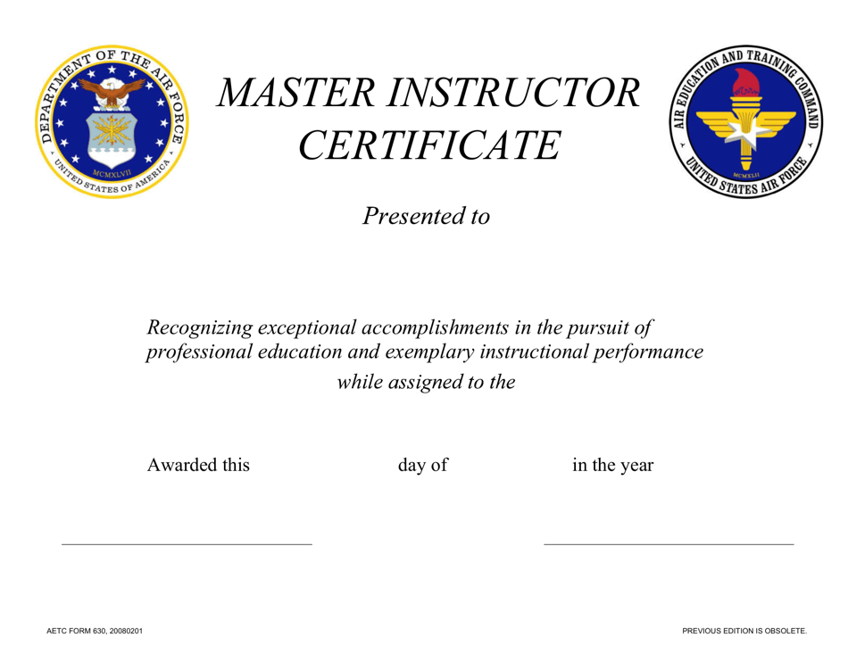 AETC Form 630 Master Instructor Certificate, Page 1
