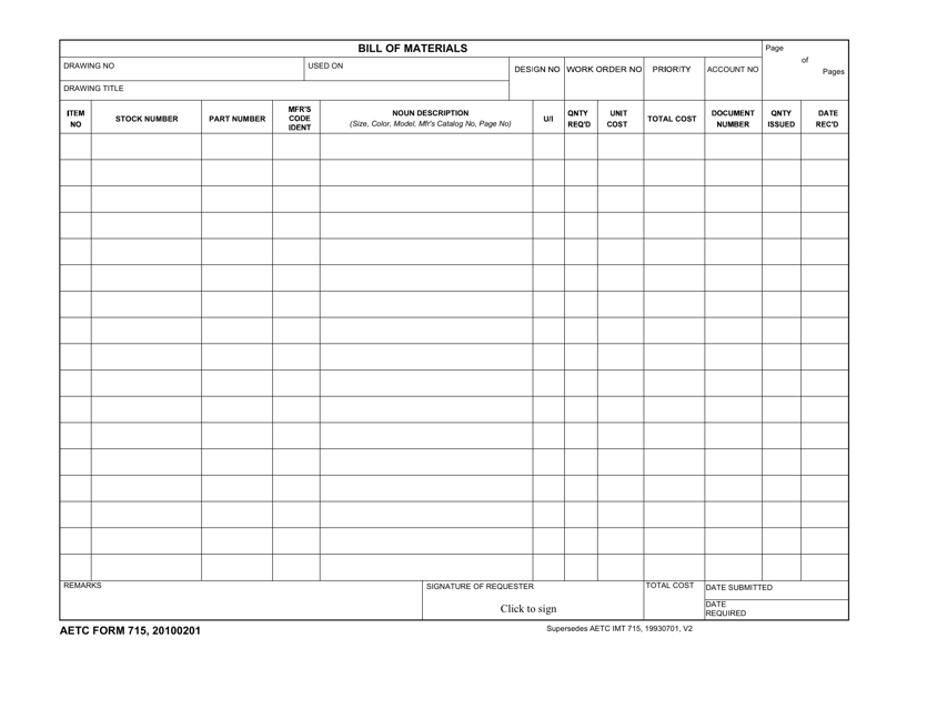 AETC Form 715 Download Fillable PDF or Fill Online Bill of Materials ...