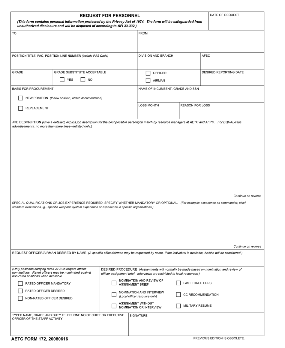 AETC Form 172 Request for Personnel, Page 1