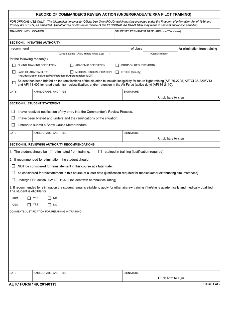 AETC Form 149 Record of Commanders Review Action (Undergraduate Rpa Pilot Training), Page 1