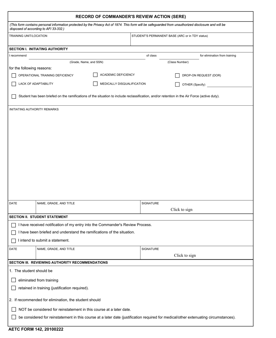 AETC Form 142 Record of Commanders Review Action (Sere), Page 1