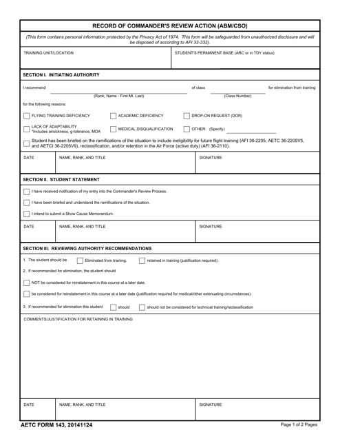 AETC Form 143 Record of Commander's Review Action (Abm/Cso)