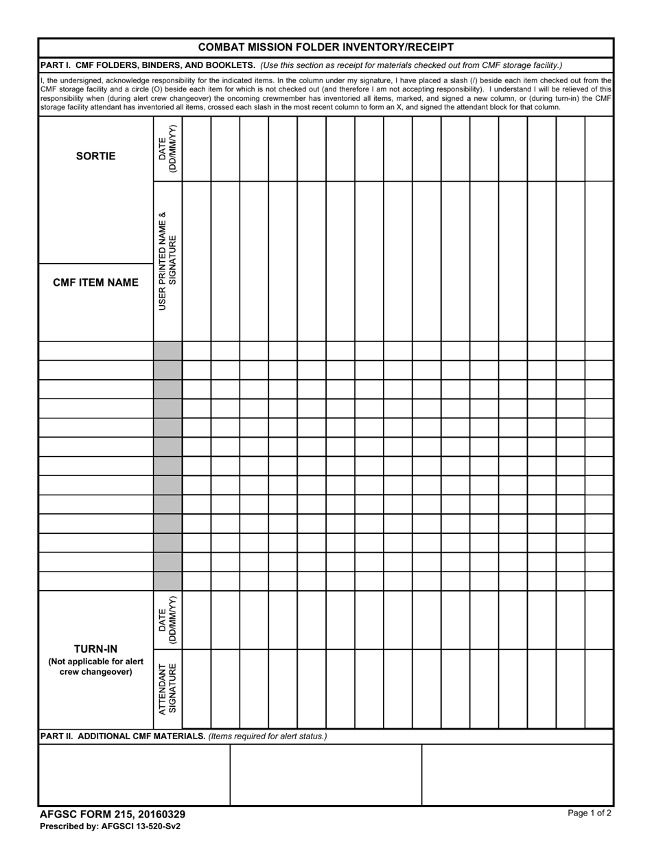 AFGSC Form 215 Combat Mission Folder Inventory / Receipt, Page 1