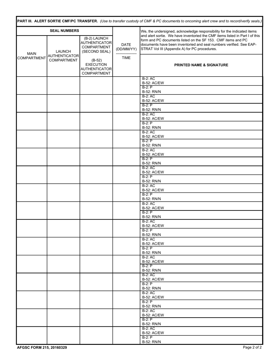 AFGSC Form 215 Combat Mission Folder Inventory / Receipt, Page 2