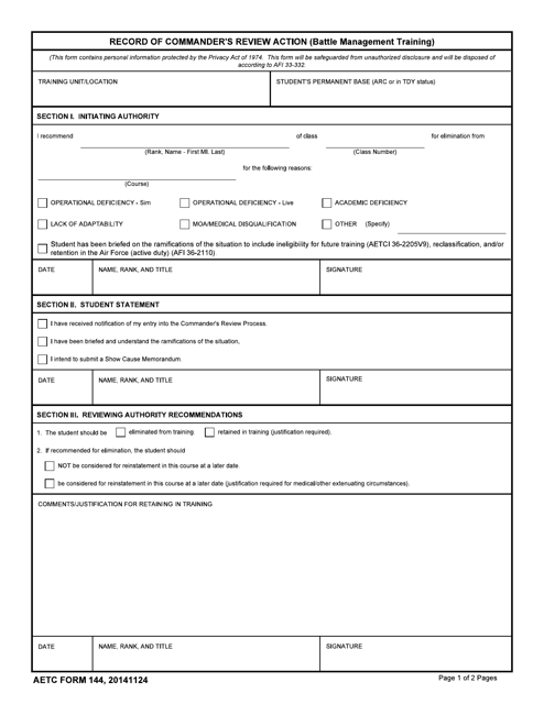 AETC Form 144 Download Fillable PDF or Fill Online Record of Commander ...