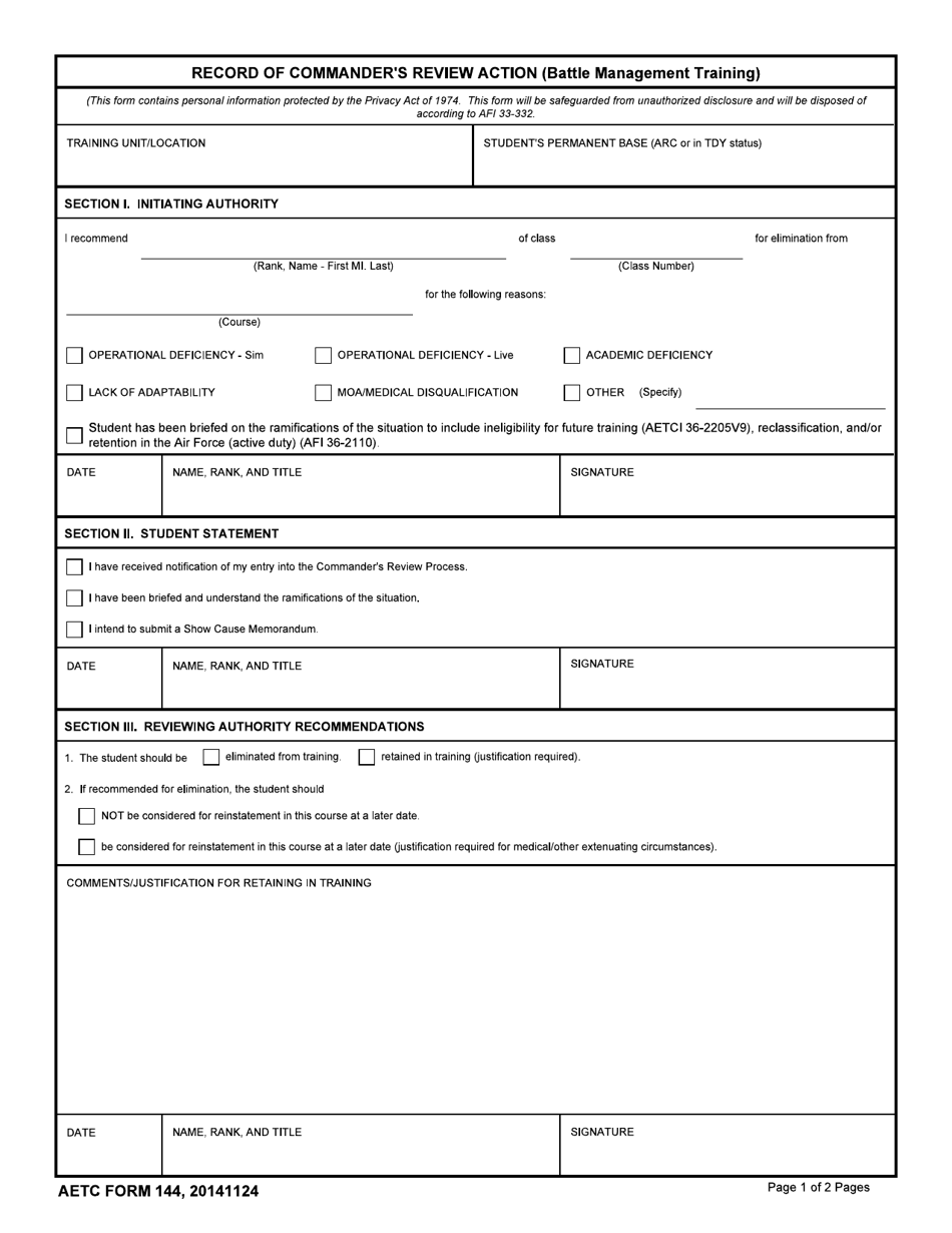 AETC Form 144 Download Fillable PDF or Fill Online Record of Commander ...