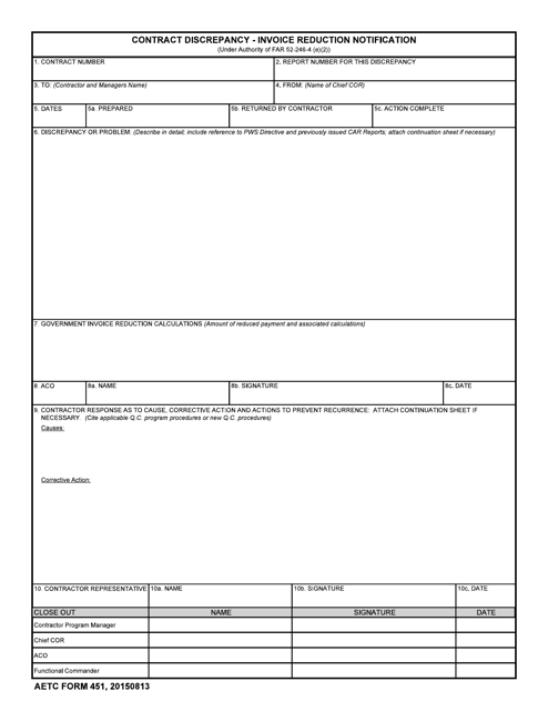 AETC Form 451 Contract Discrepancy - Invoice Reduction Notification