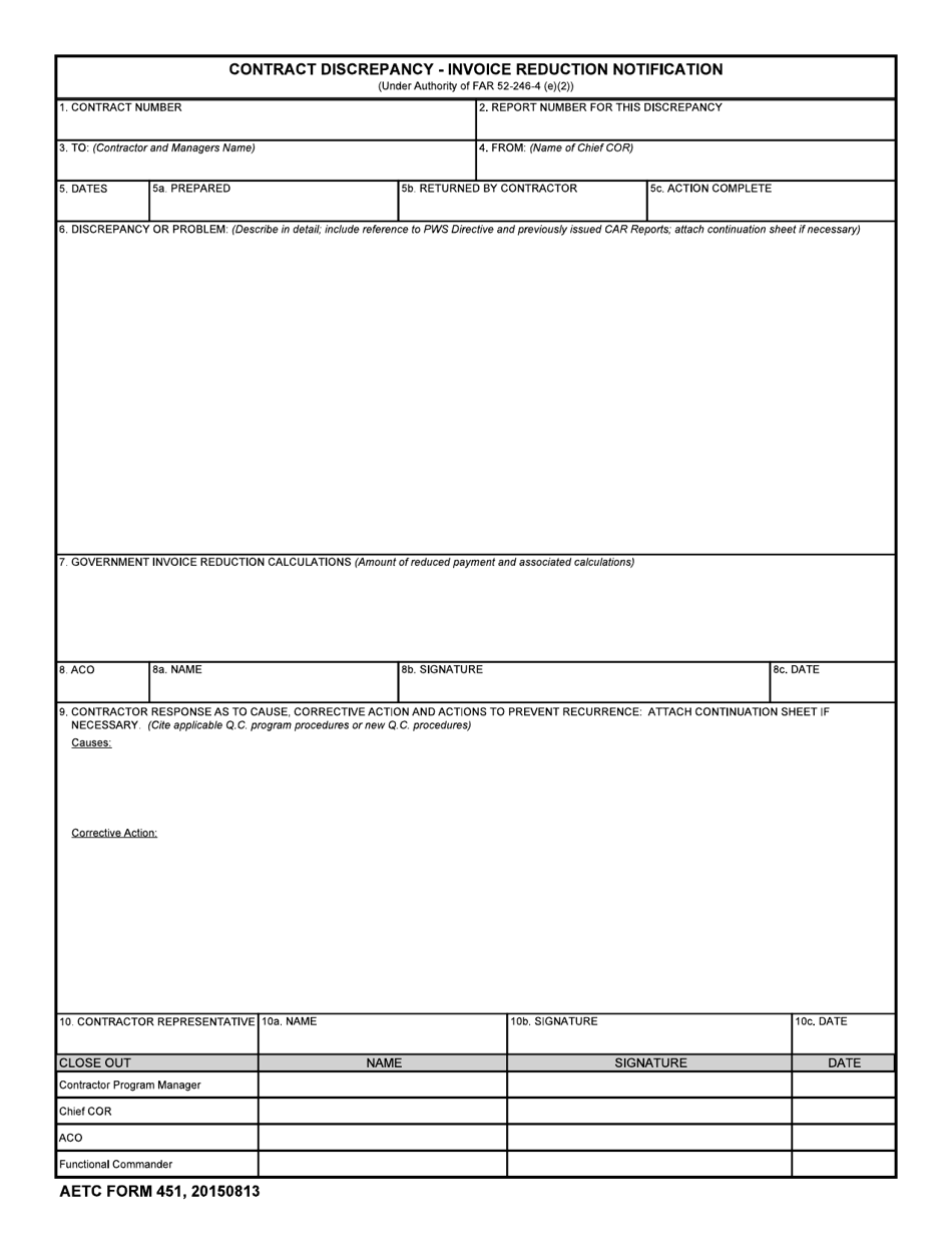 AETC Form 451 Contract Discrepancy - Invoice Reduction Notification, Page 1
