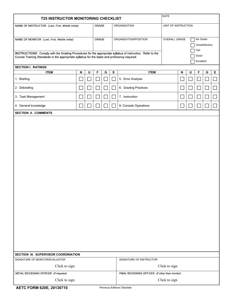 AETC Form 620E T-25 Instructor Monitoring Checklist, Page 1