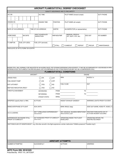 AETC Form 209 Aircraft Flameout/Stall Debrief Checksheet