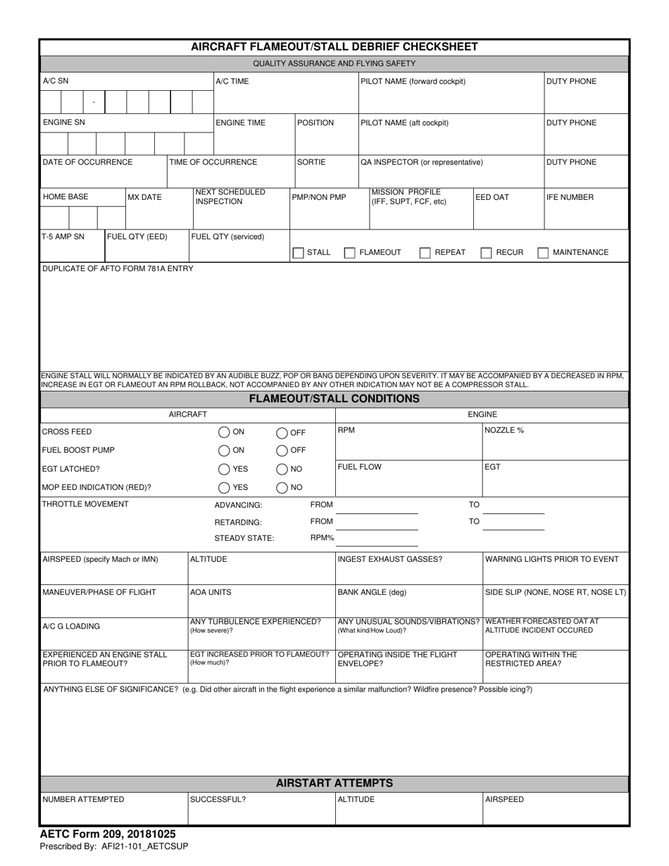 AETC Form 209 Aircraft Flameout / Stall Debrief Checksheet, Page 1