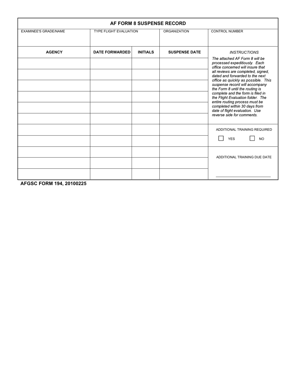 AFGSC Form 194 AF Form 8 Suspense Record, Page 1