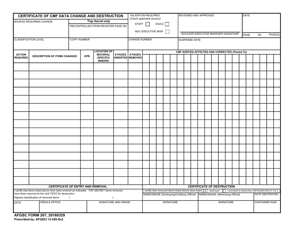 AFGSC Form 207 Certificate of Cmf Data Change and Destruction, Page 1