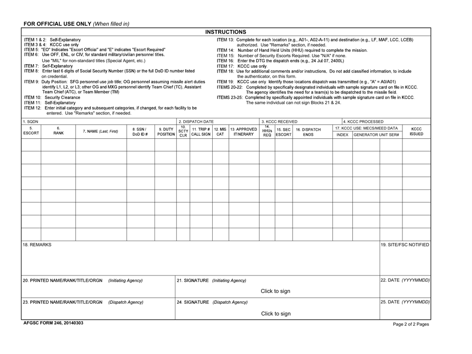 AFGSC Form 246 Multiple Dispatch / Pre Dispatch / Approved Dispatch Notification, Page 2