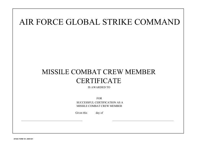 AFGSC Form 181 Missile Combat Crew Member Certificate
