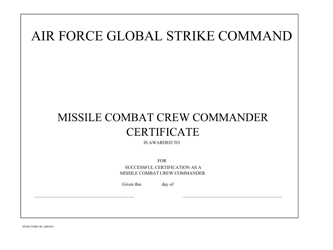 Document preview: AFGSC Form 180 Missile Combat Crew Commander Certificate