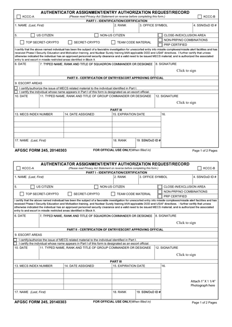 AFGSC Form 245 Authenticator Assignment/Entry Authorization Request/Record