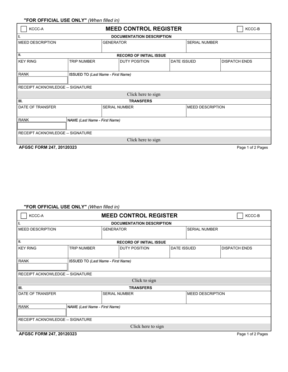 AFGSC Form 247 Meed Control Register, Page 1
