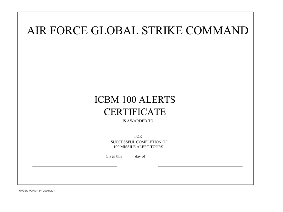 AFGSC Form 184 Icbm 100 Alerts Certificate, Page 1