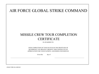 Document preview: AFGSC Form 182 Missile Crew Tour Completion Certificate