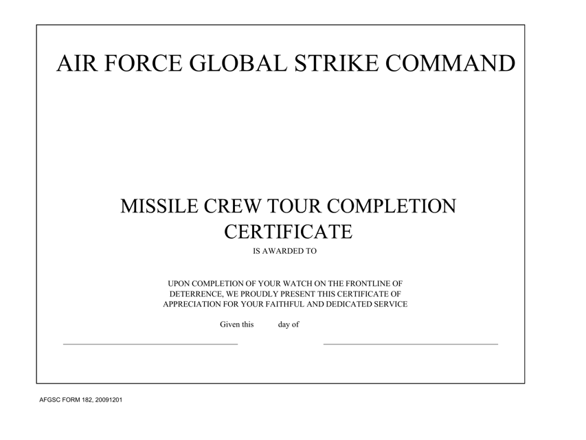 AFGSC Form 182 Missile Crew Tour Completion Certificate