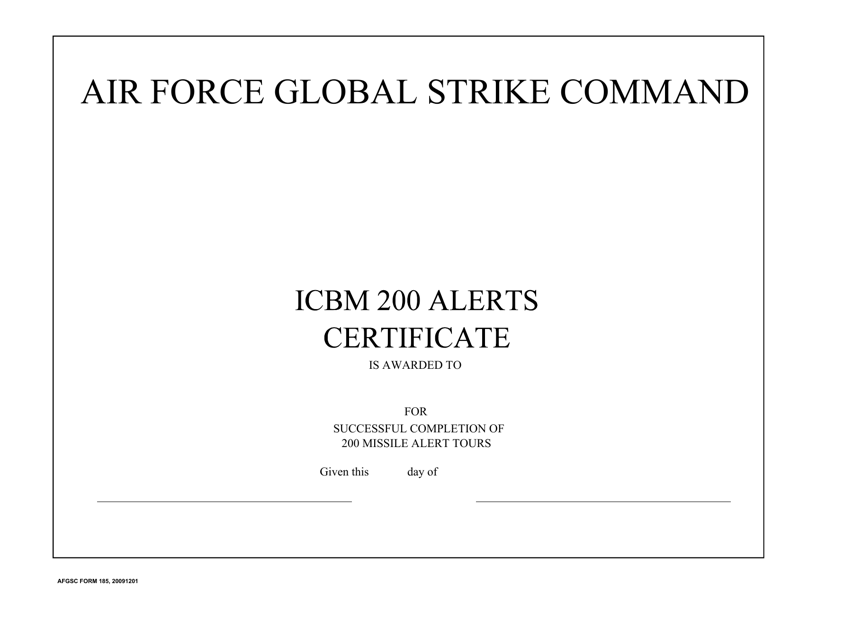 AFGSC Form 185 Icbm 200 Alerts Certificate