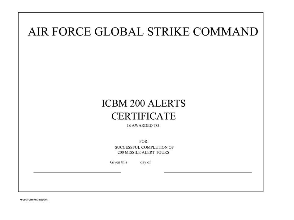 AFGSC Form 185 Icbm 200 Alerts Certificate, Page 1