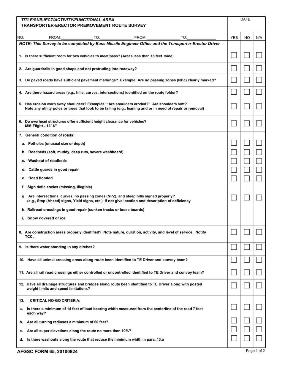 AFGSC Form 65 Transporter-Erector Premovement Route Survey, Page 1