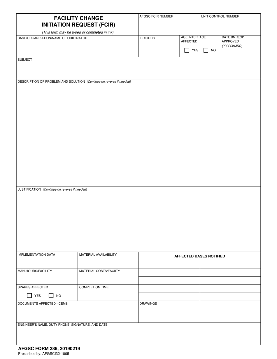 AFGSC Form 286 Facility Change Initiation Request (Fcir), Page 1