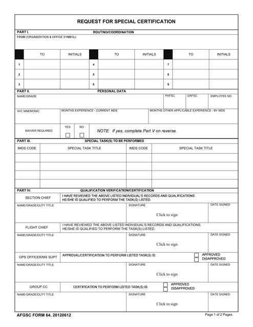 AFGSC Form 64 Request for Special Certification