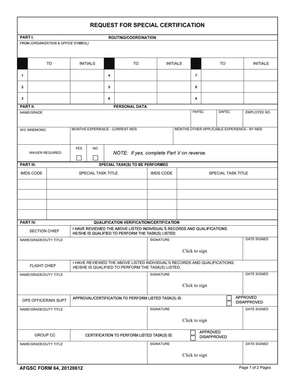 AFGSC Form 64 Request for Special Certification, Page 1