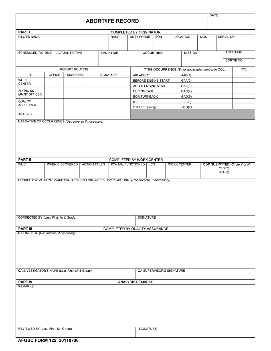AFGSC Form 122 Abort / Ife Record, Page 1
