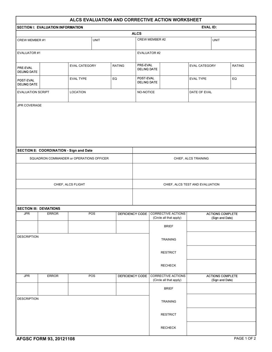 AFGSC Form 93 Alcs Evaluation and Corrective Action Worksheet, Page 1