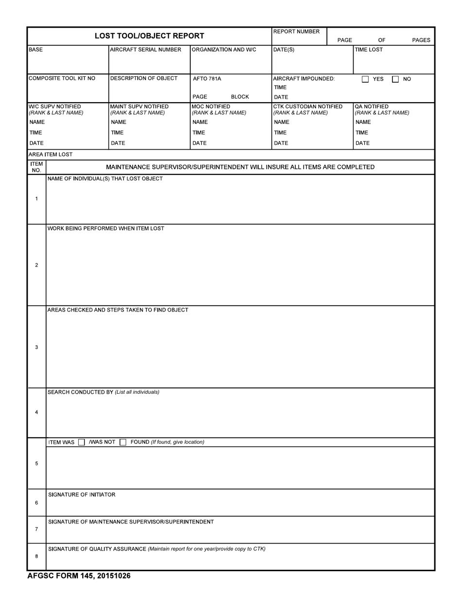 AFGSC Form 145 Lost Tool / Object Report, Page 1