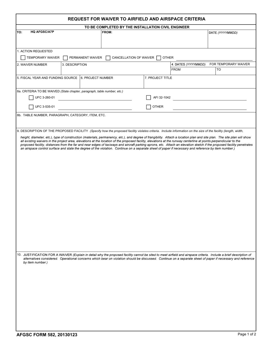 AFGSC Form 582 Request for Waiver to Airfield and Airspace Criteria, Page 1