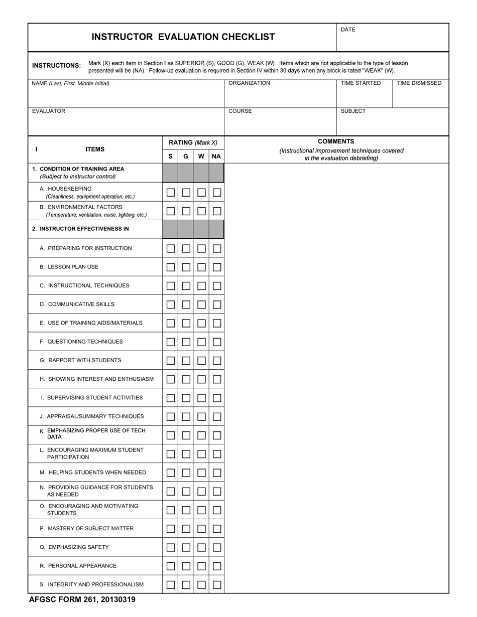AFGSC Form 261 Instructor Evaluation Checklist, Page 1