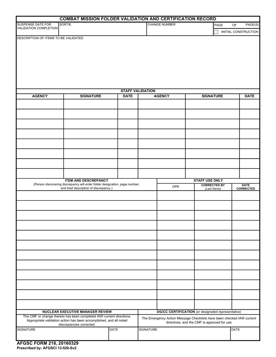 AFGSC Form 218 Combat Mission Folder Validation and Certification Record, Page 1