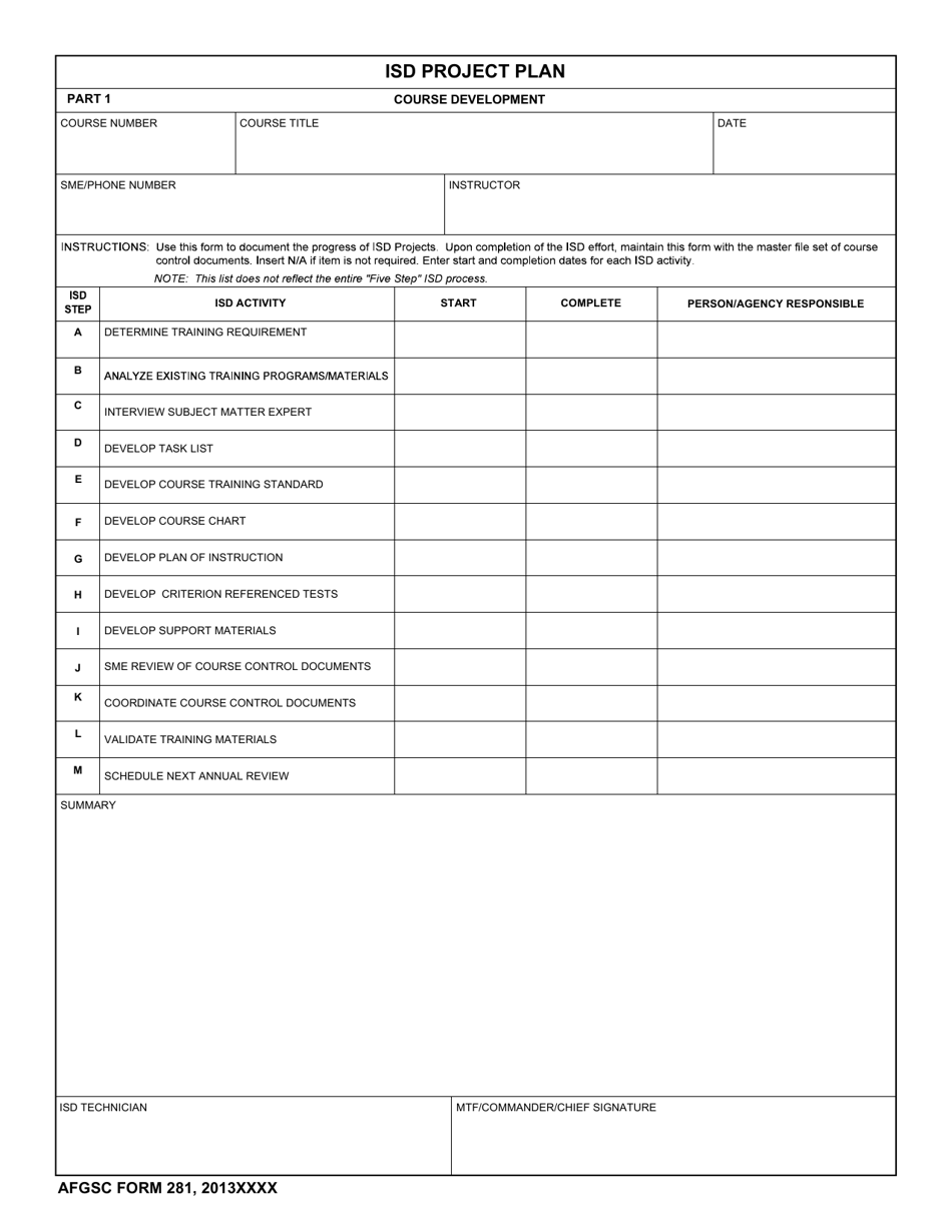 AFGSC Form 281 Download Fillable PDF or Fill Online Isd Project Plan ...