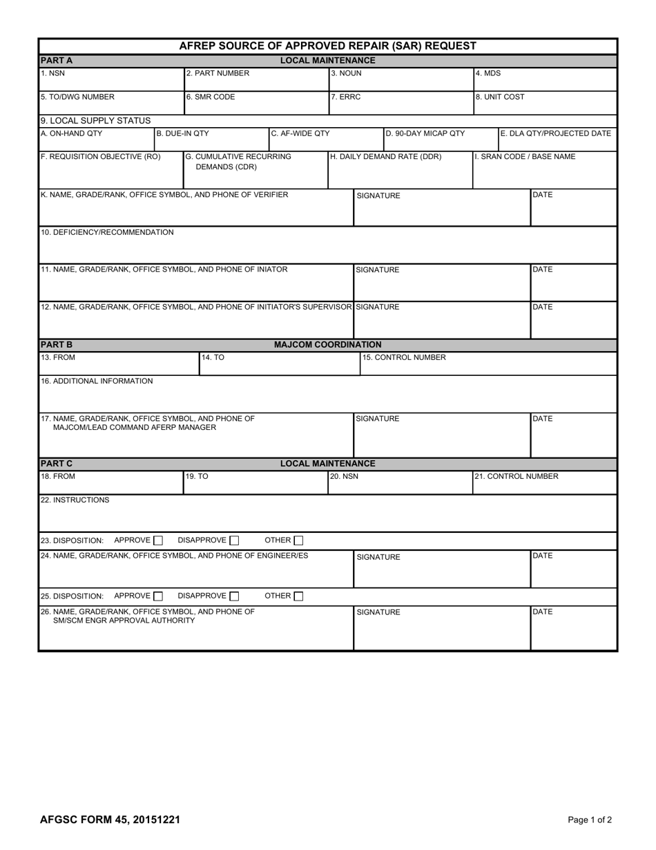 AFGSC Form 45 Afrep Source of Approved Repair (Sar) Request, Page 1
