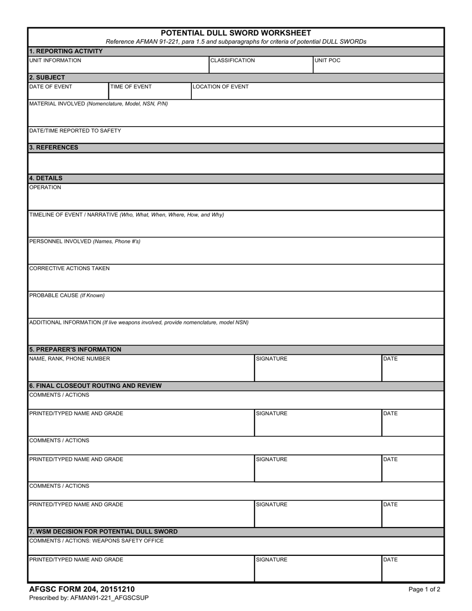 AFGSC Form 204 Potential Dull Sword Worksheet, Page 1