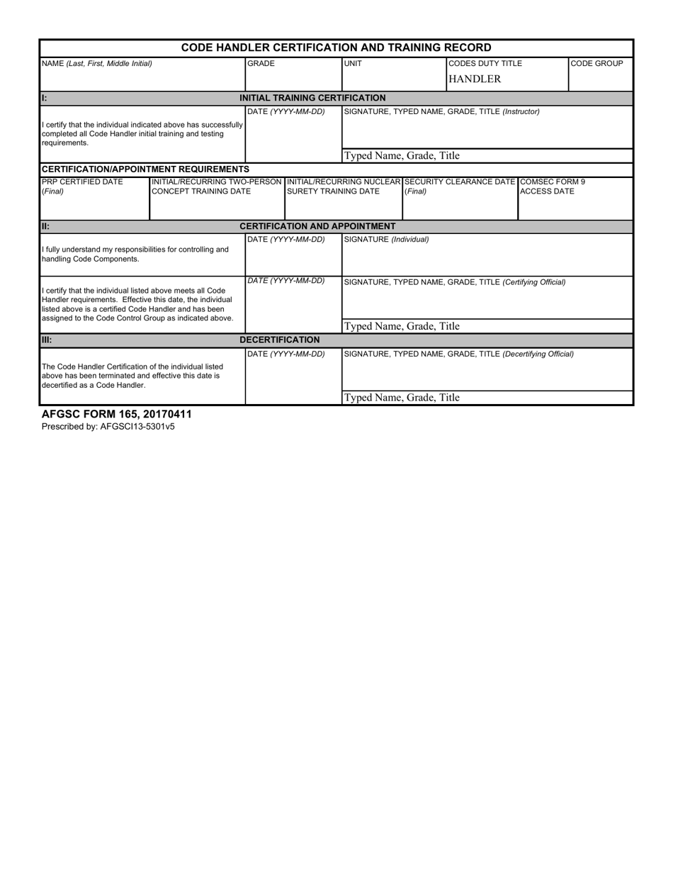 AFGSC Form 165 Code Handler Certification and Training Record, Page 1
