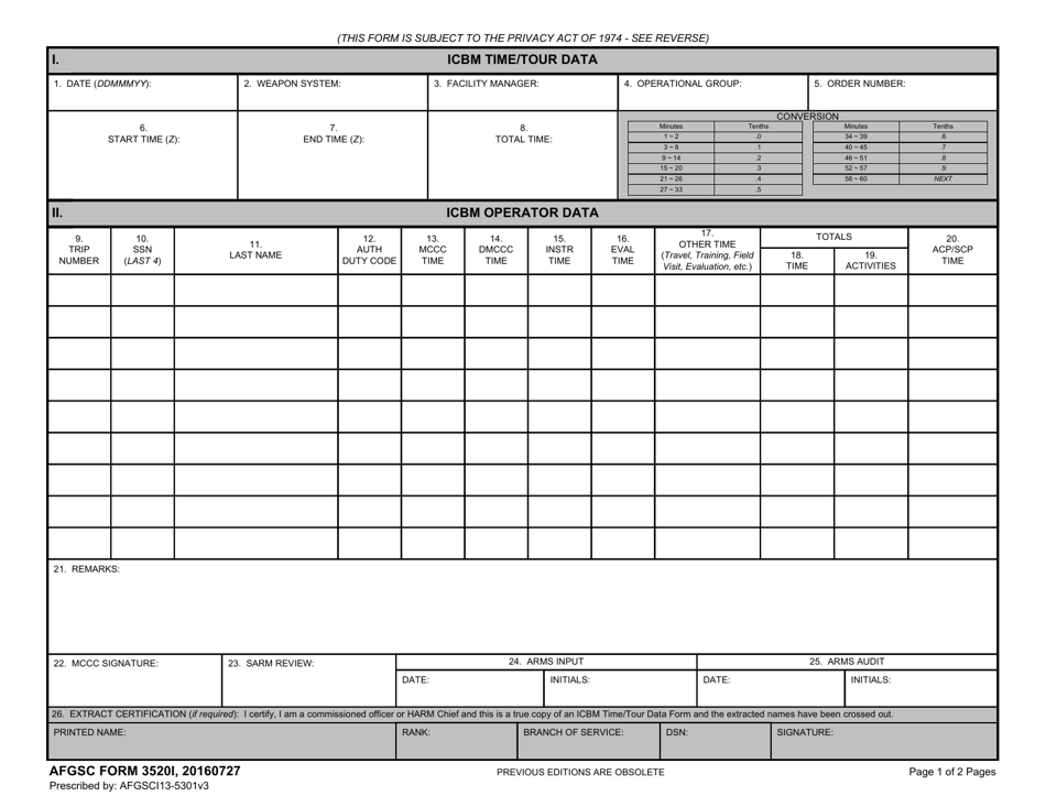 AFGSC Form 3520I Icbm Time / Tour Data, Page 1